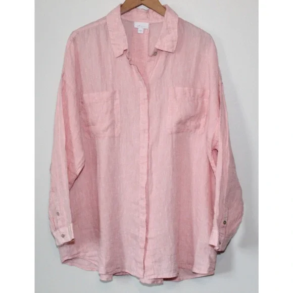 J. Jill Love Linen Button Up Tunic Top Double Pocket Pink XL Blouse Lagonlook - Picture 6 of 16